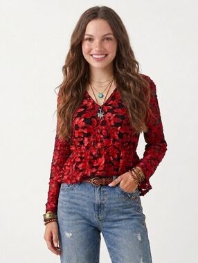 Women's g.p.d. Red & Black Floral Long Sleeve Blouse S